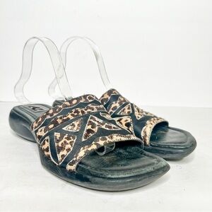 VTG Y2K Art Effects Black Cheetah Print Calf Hair Slide Sandals Chunky Size 10